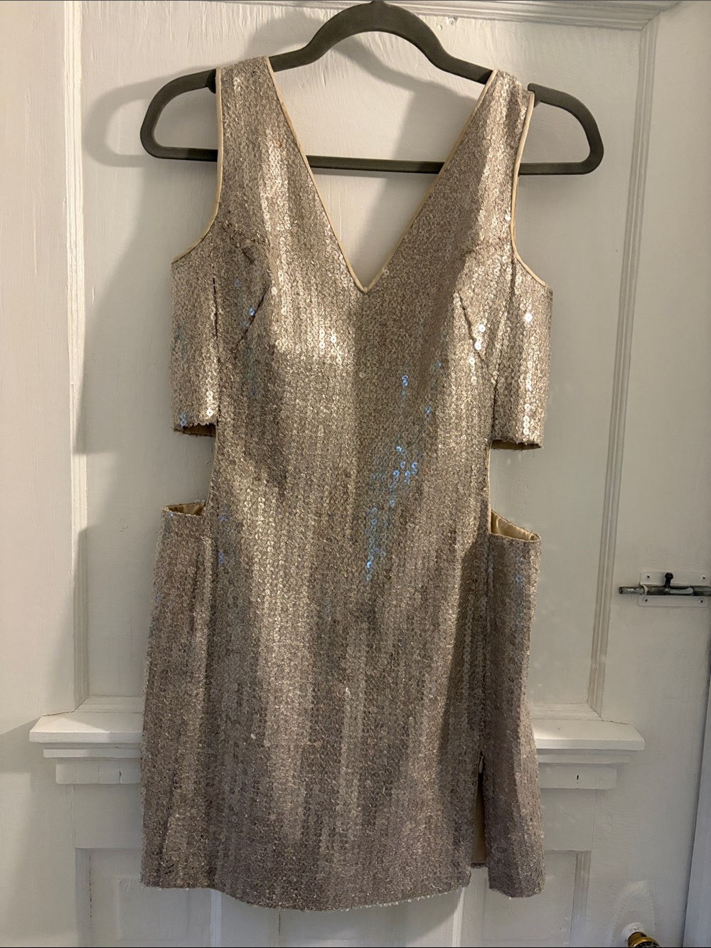 Akris Champagne Sequin Cold-Shoulder Mini Dress
